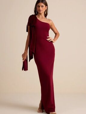 Lulus Amarila Burgundy One-shoulder Velvet Bow Maxi Dress Red - Size S